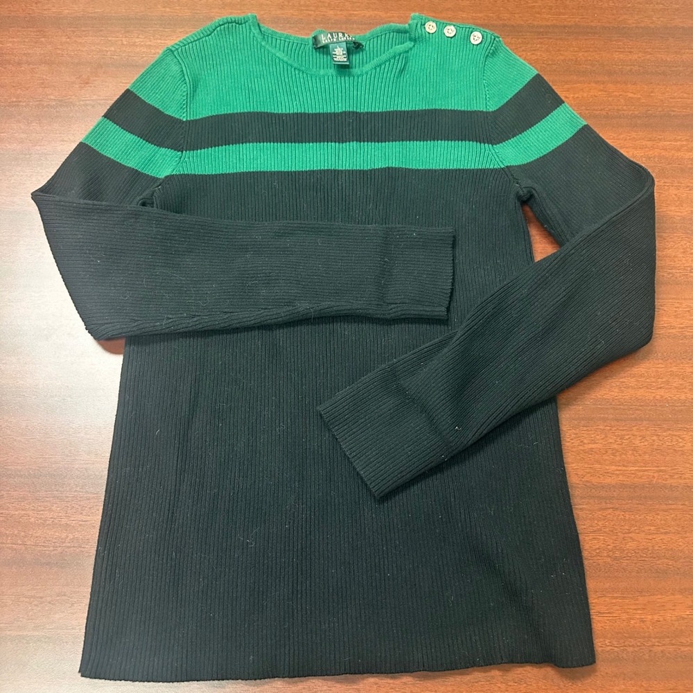 Lauren Ralph Lauren Ribbed Knit‎ Striped Sweater Womens Size Large Green Black - Picture 2 of 6